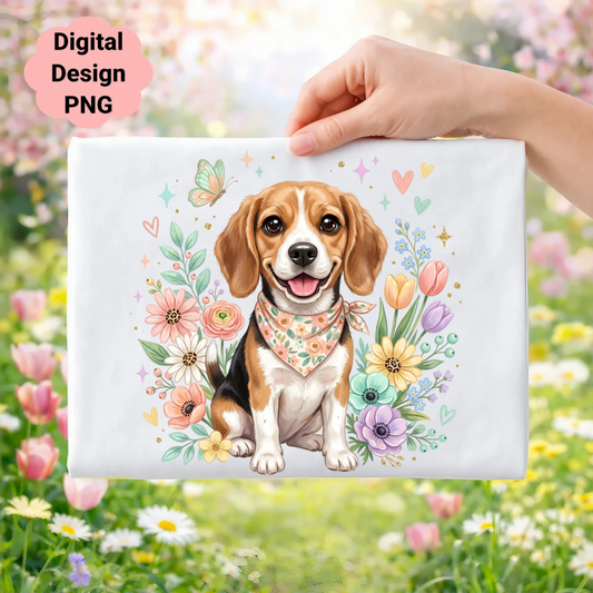 Beagle dog with bandana surrounded by flowers and butterflies.