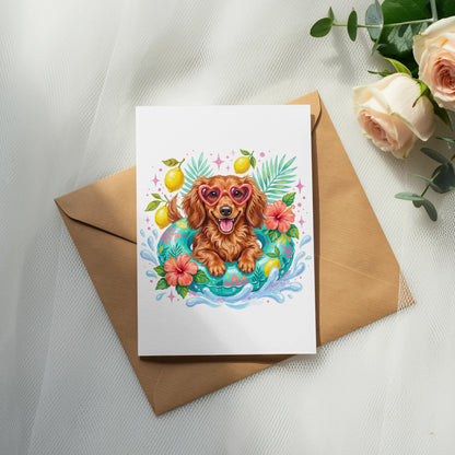 Dog in inner tube wearing sunglasses surrounded by lemons and flowers.