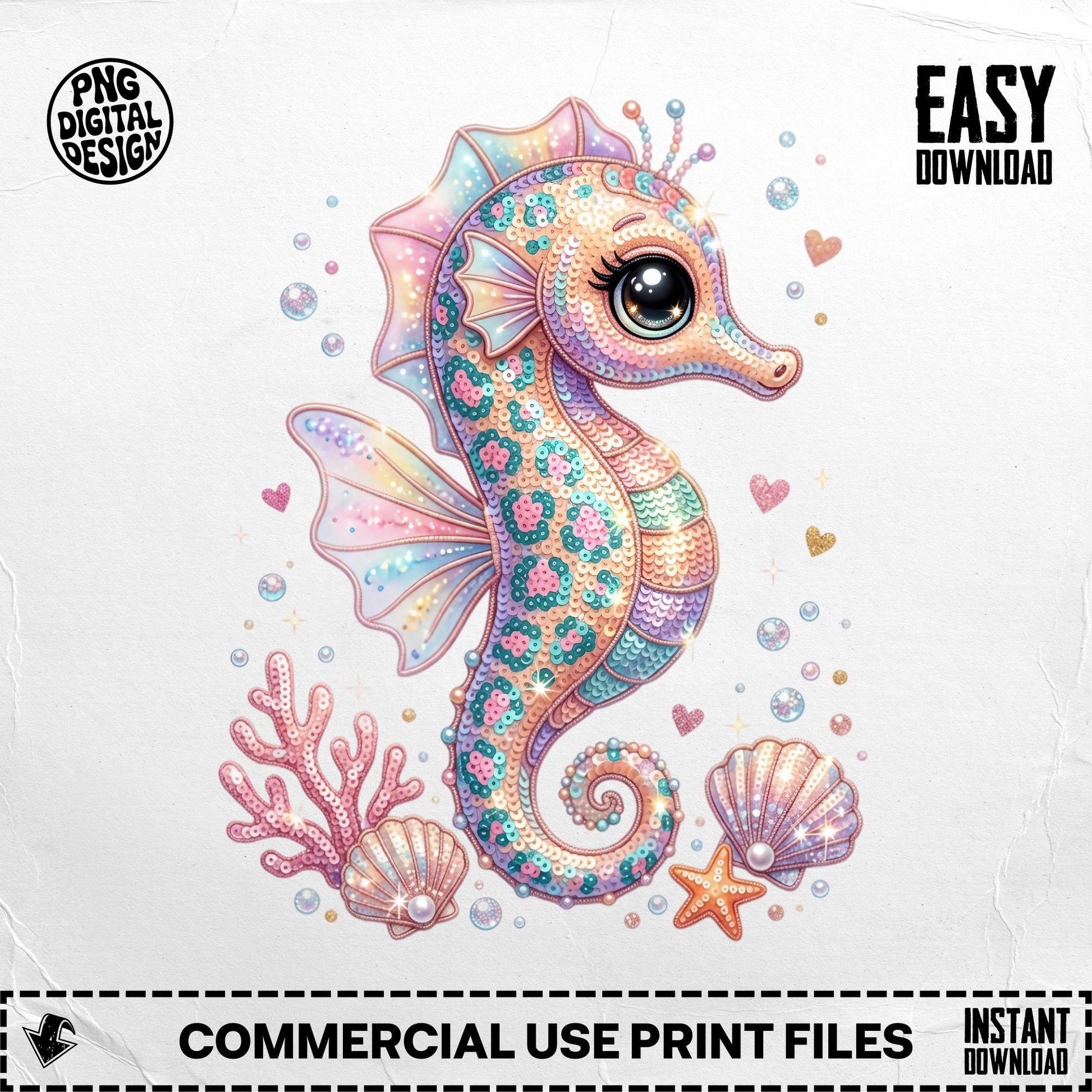 Seahorse with coral and seashells, "Easy Download" text.