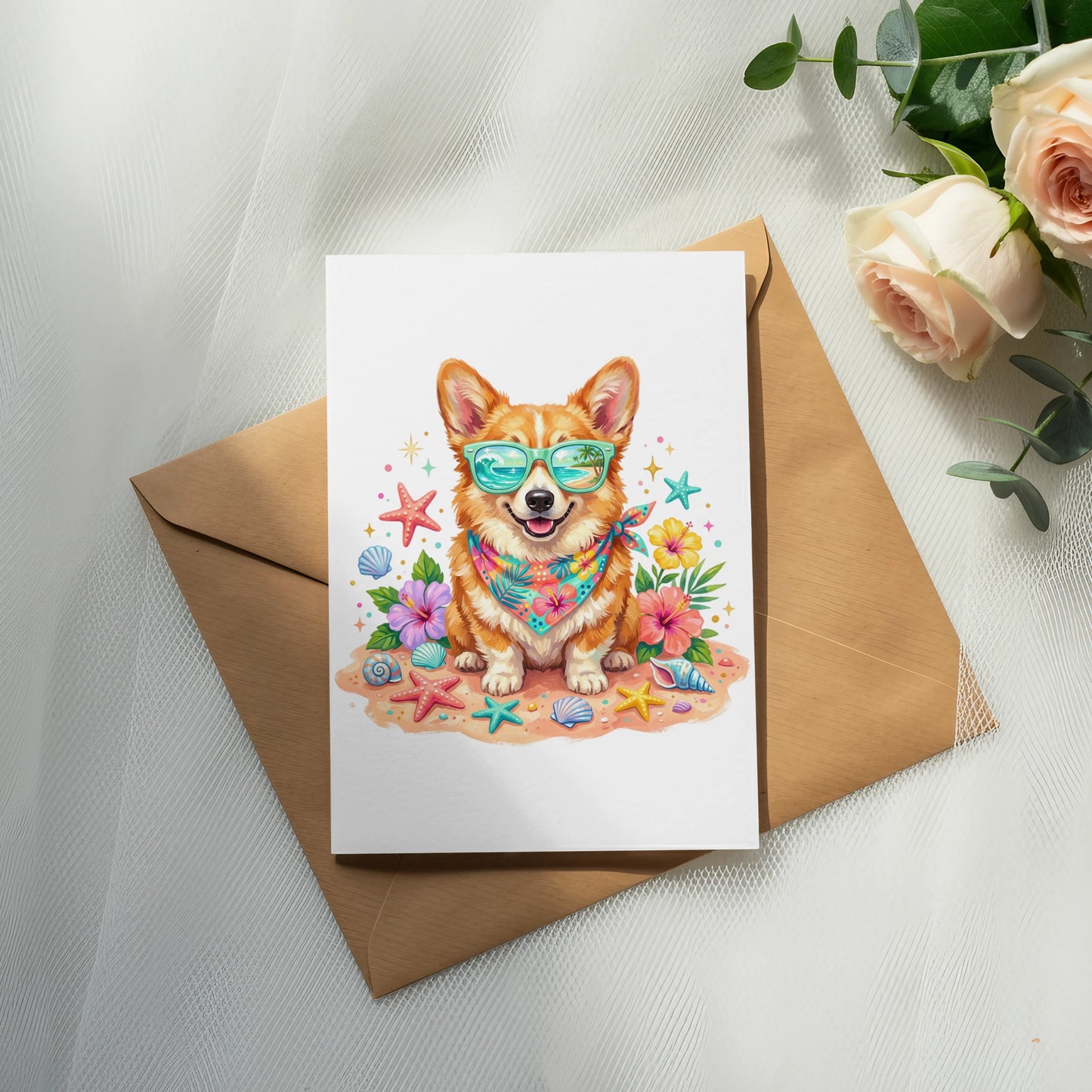 Corgi wearing sunglasses and bandana on beach-themed card.
