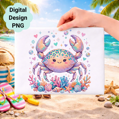 Cute cartoon crab with colorful seashells and coral on a beach background.