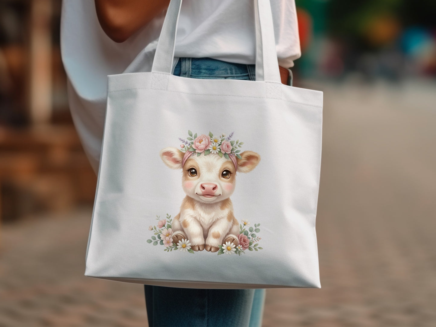 White tote bag with a cute baby cow wearing a flower crown.