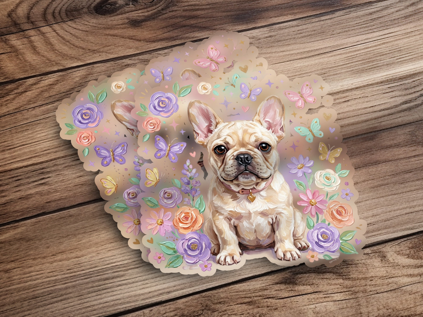 Cream French bulldog with butterflies and floral accents on a wooden background.