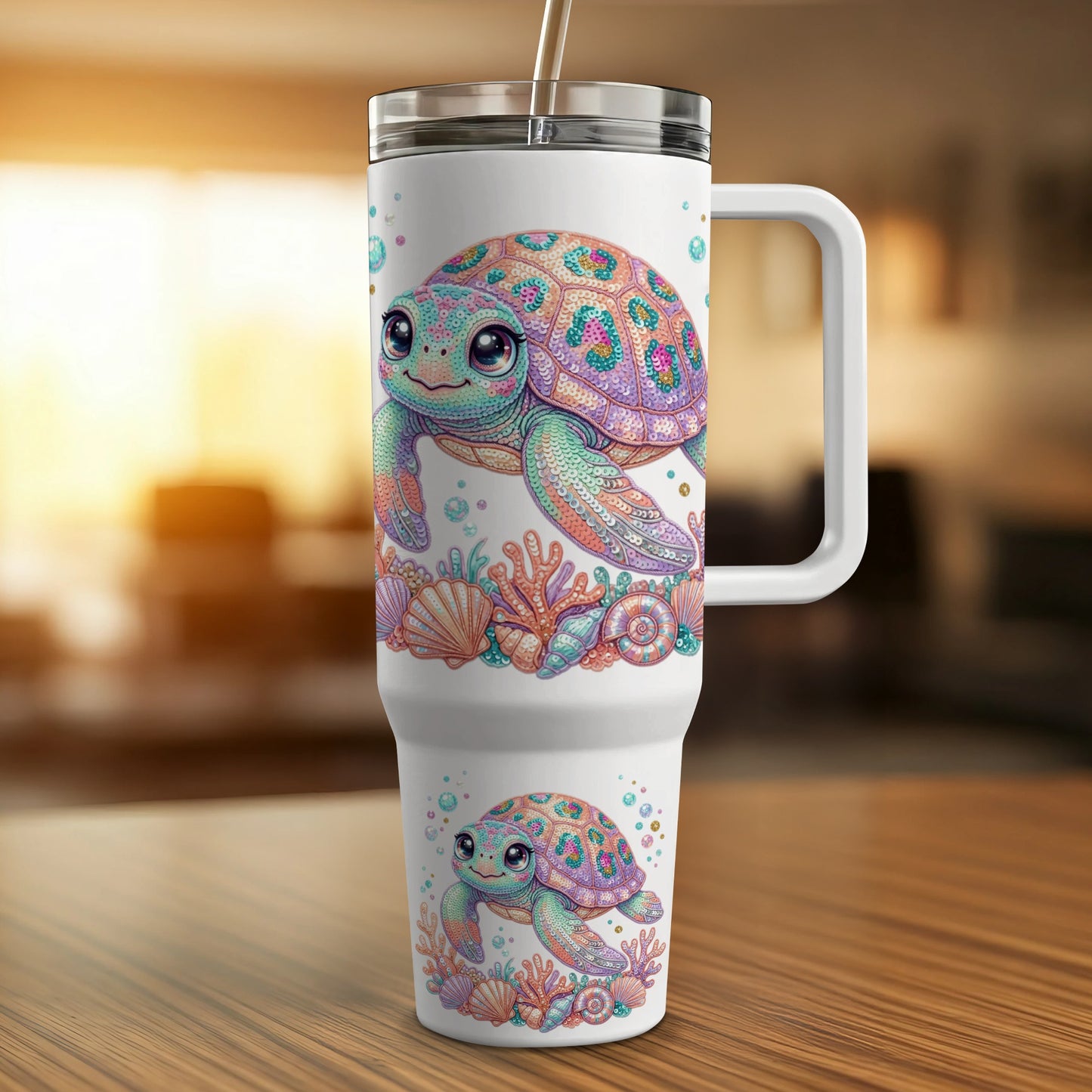 White tumbler with colorful cartoon sea turtles and coral.