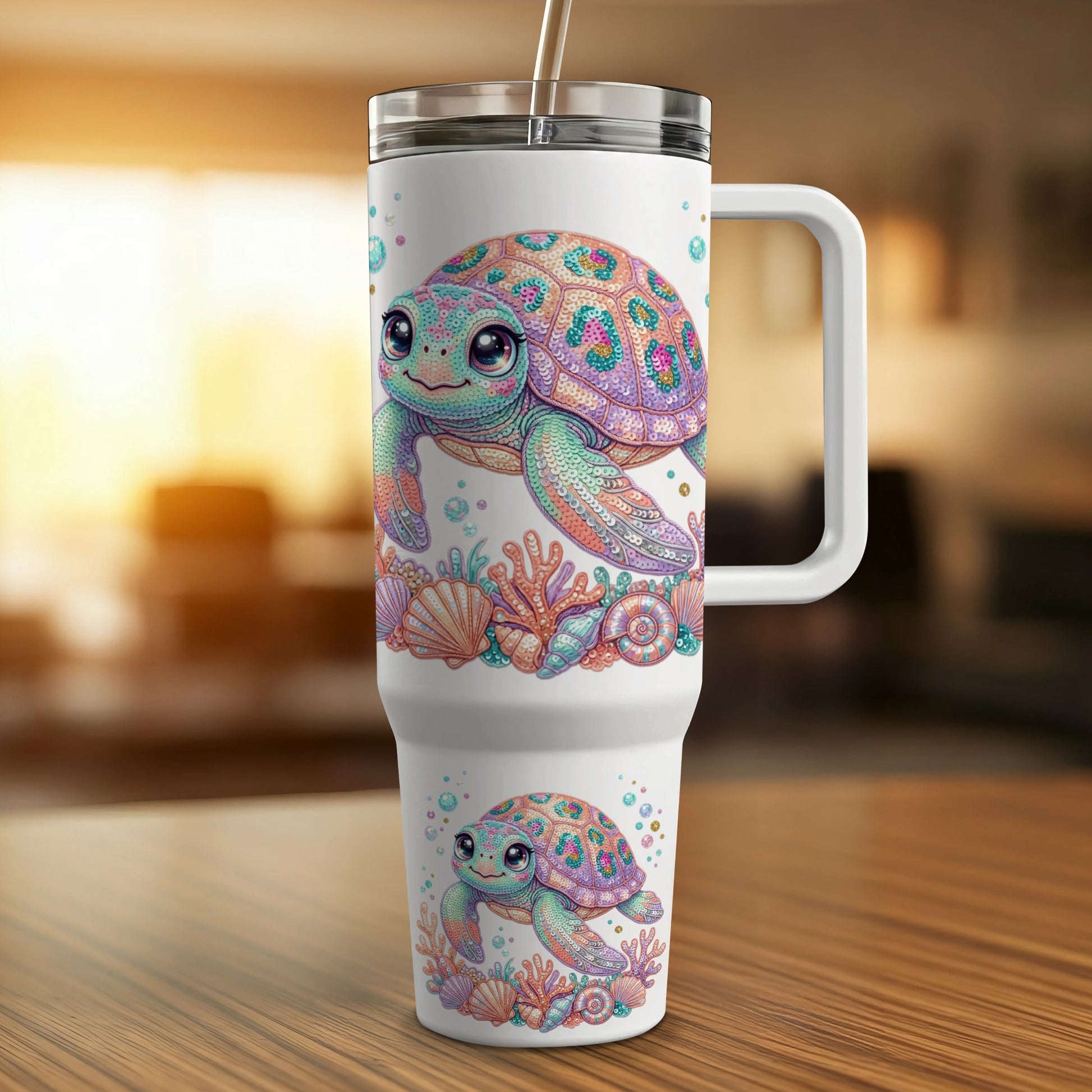White tumbler with colorful cartoon sea turtles and coral.