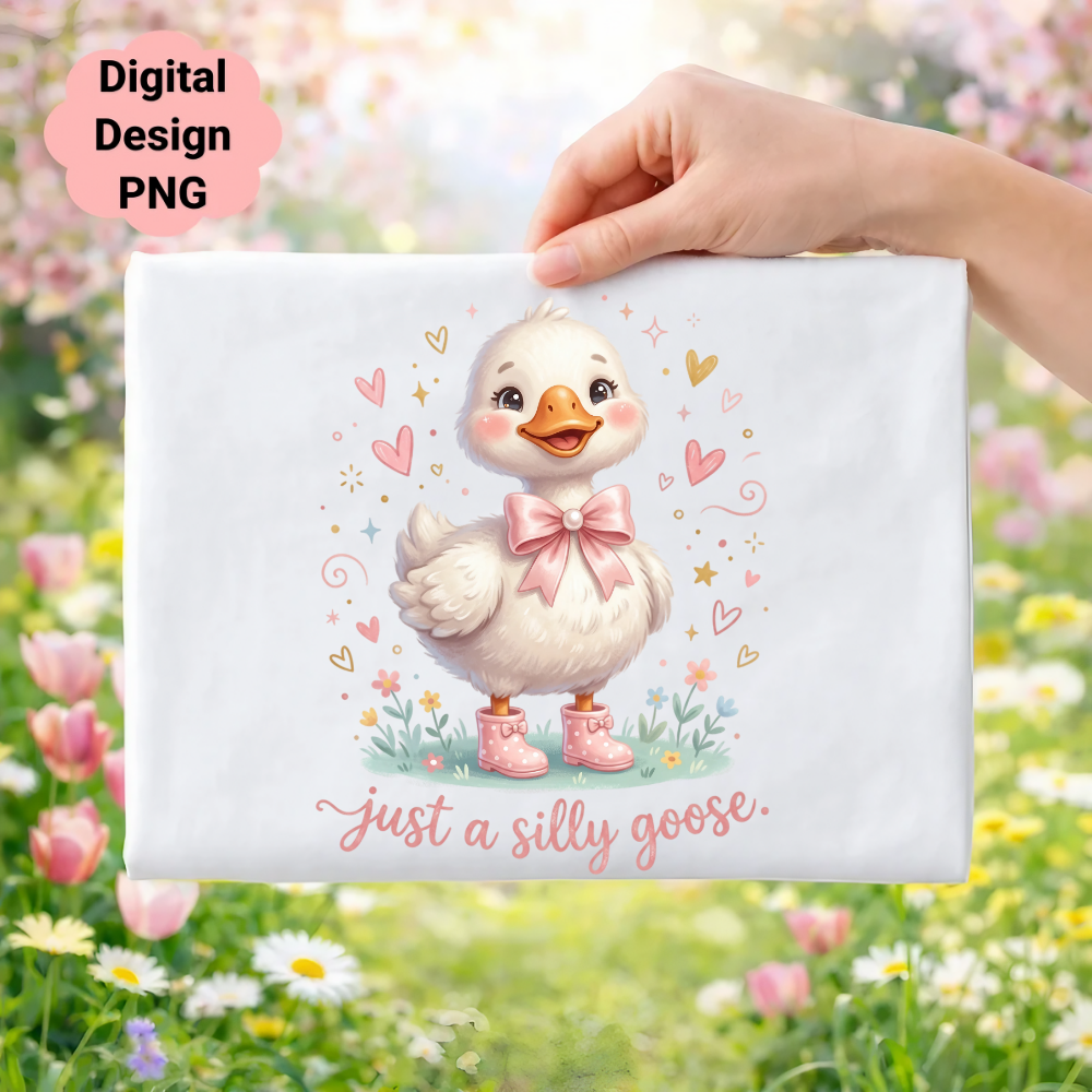 White duckling with pink bow, wearing pink boots, with text "just a silly goose."