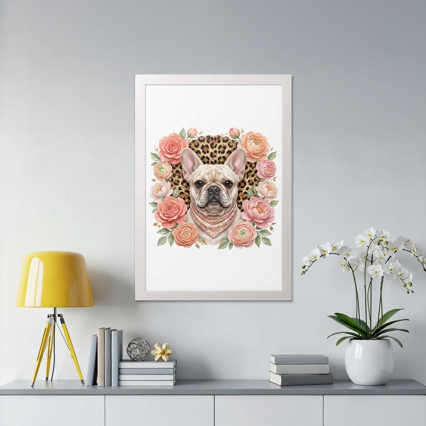 French bulldog with floral and leopard print bandana, framed art.