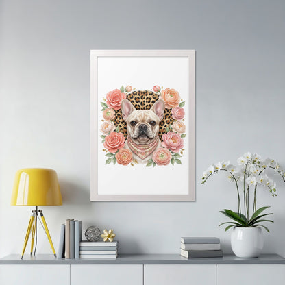 French bulldog with floral and leopard print bandana, framed art.