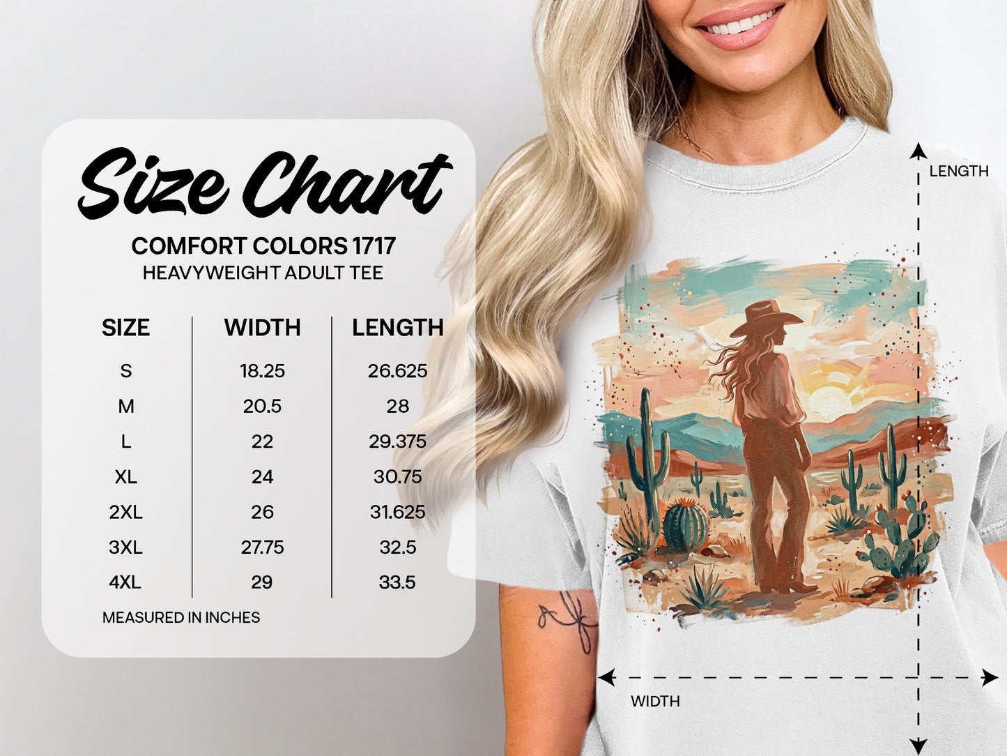 Size chart for Comfort Colors 1717 heavyweight adult tee.