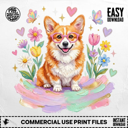 Cute corgi wearing pink glasses surrounded by flowers and butterflies.