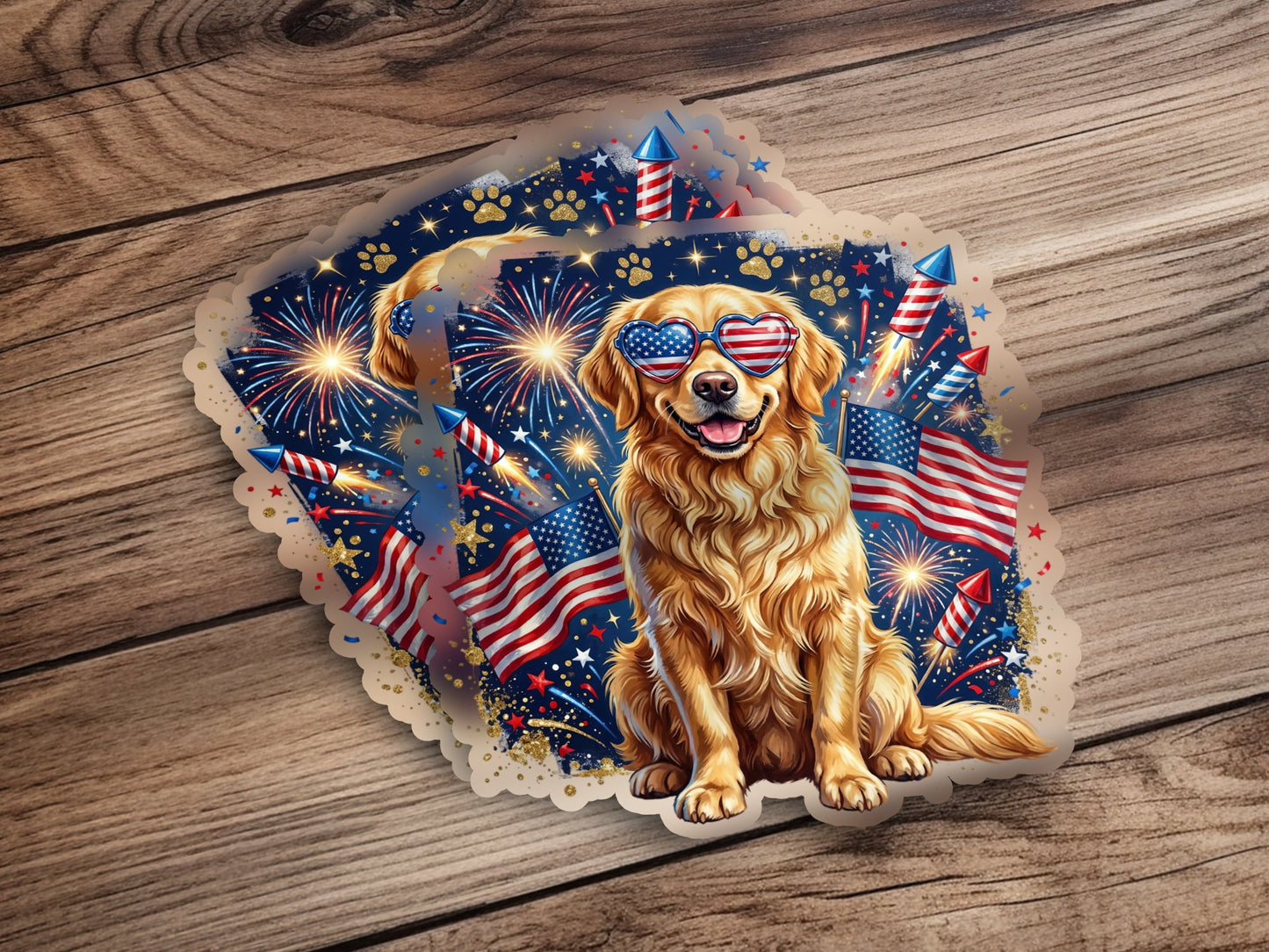 Golden retriever wearing sunglasses sits among fireworks and American flags.