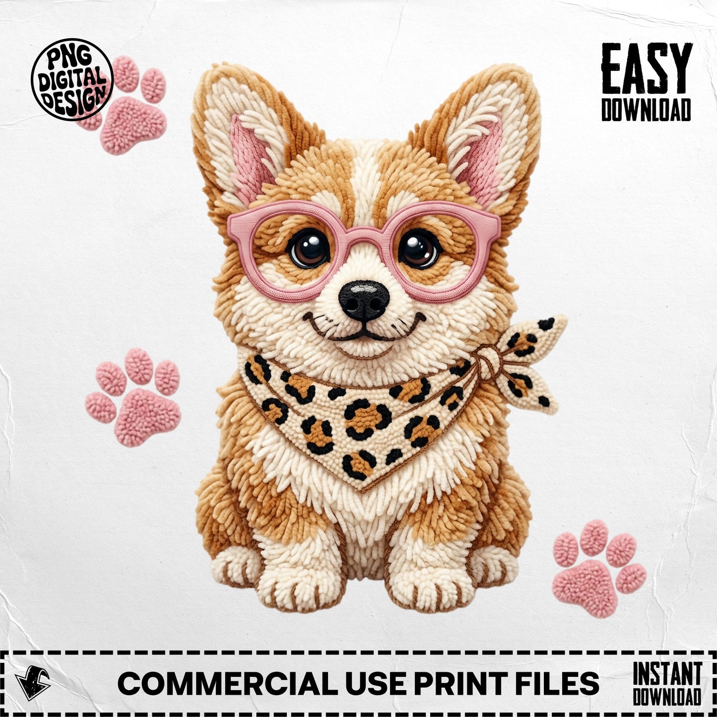 Cute corgi wearing pink glasses and leopard print bandana.