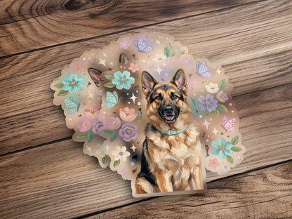 German Shepherd sticker with flowers and butterflies on a wooden background.