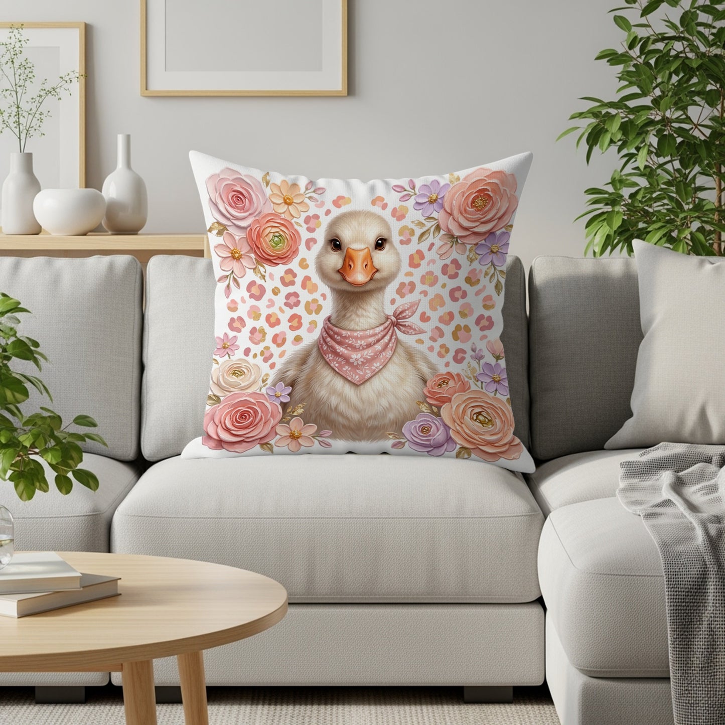 Illustration of a duck wearing a pink bandana, surrounded by flowers.