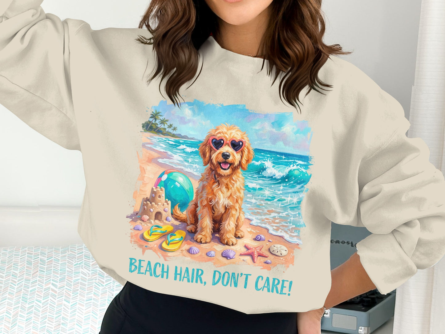 Goldendoodle with heart sunglasses on beach with "Beach Hair, Don't Care!" text.