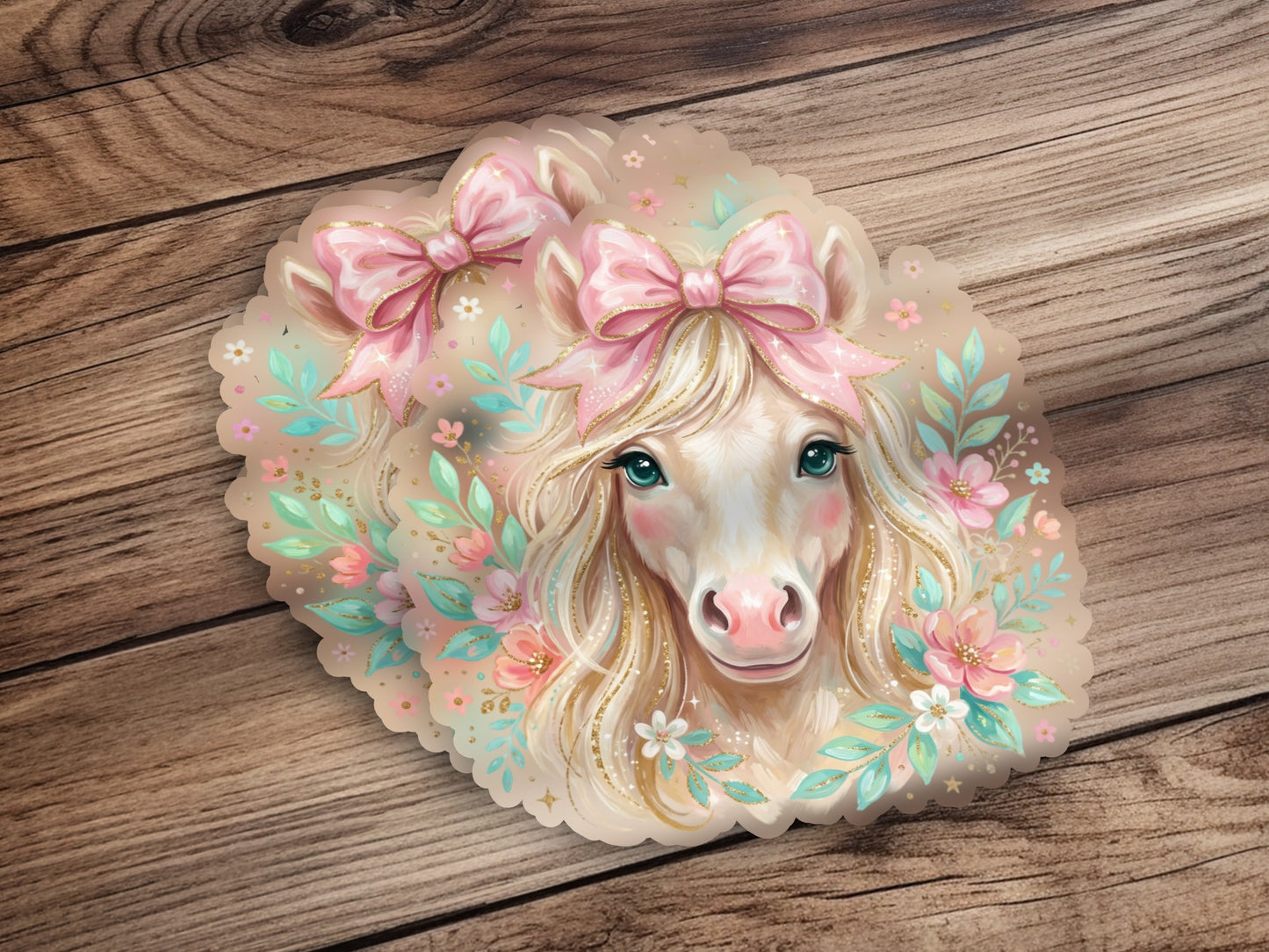 Whimsical horse with pink bows and floral accents on wood background.