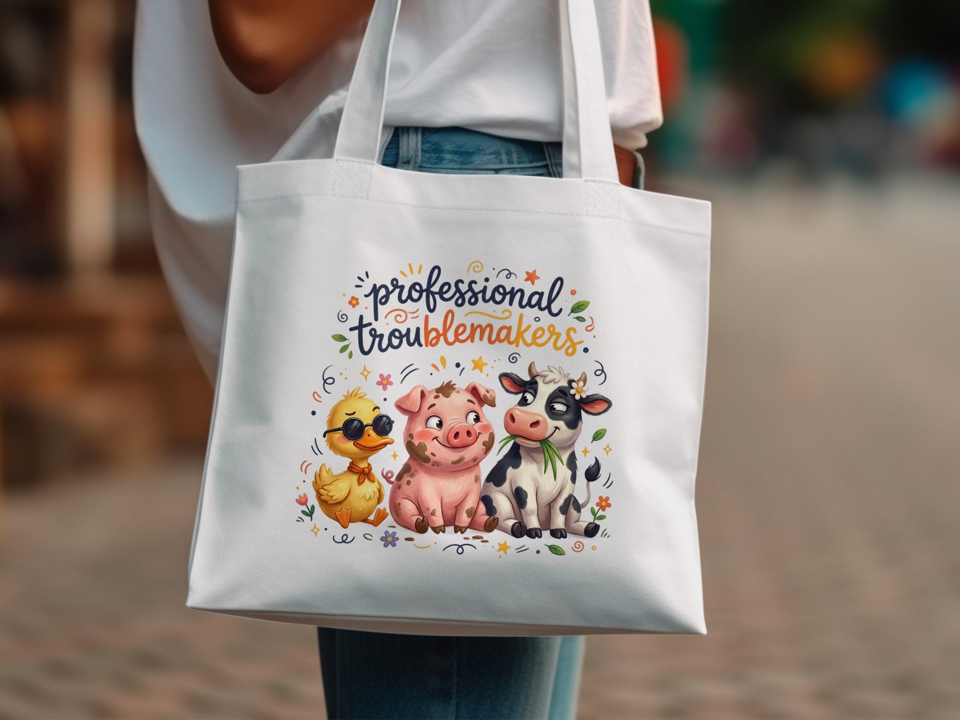 White tote bag with cartoon pig, duck, and cow illustration and text.