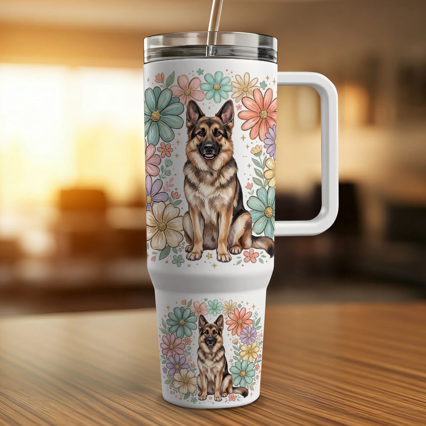 German Shepherd dog on floral tumbler with handle.