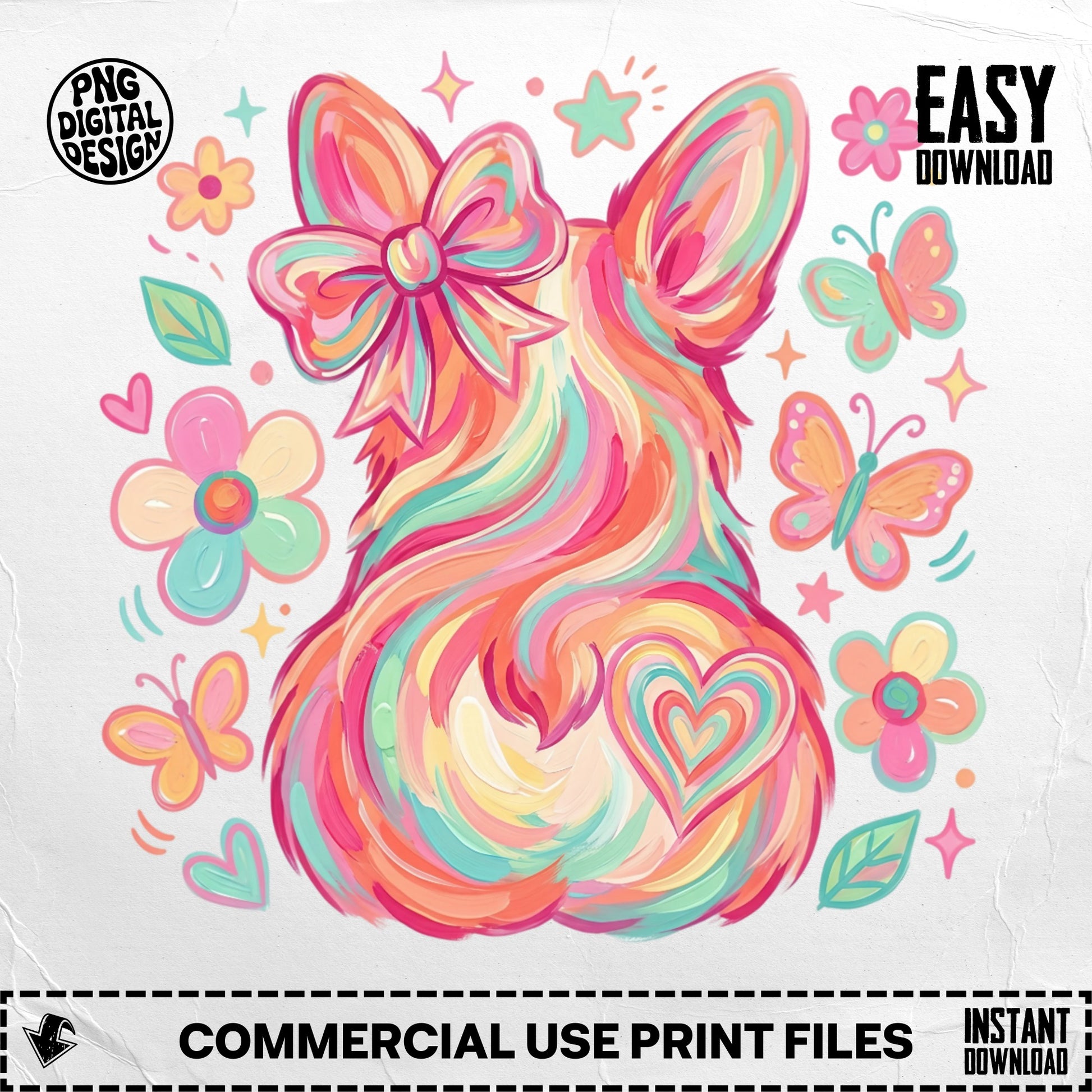Colorful corgi illustration with butterflies, flowers, and "easy download" text.