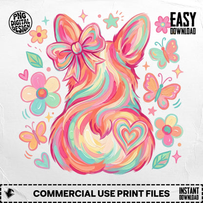 Colorful corgi illustration with butterflies, flowers, and "easy download" text.