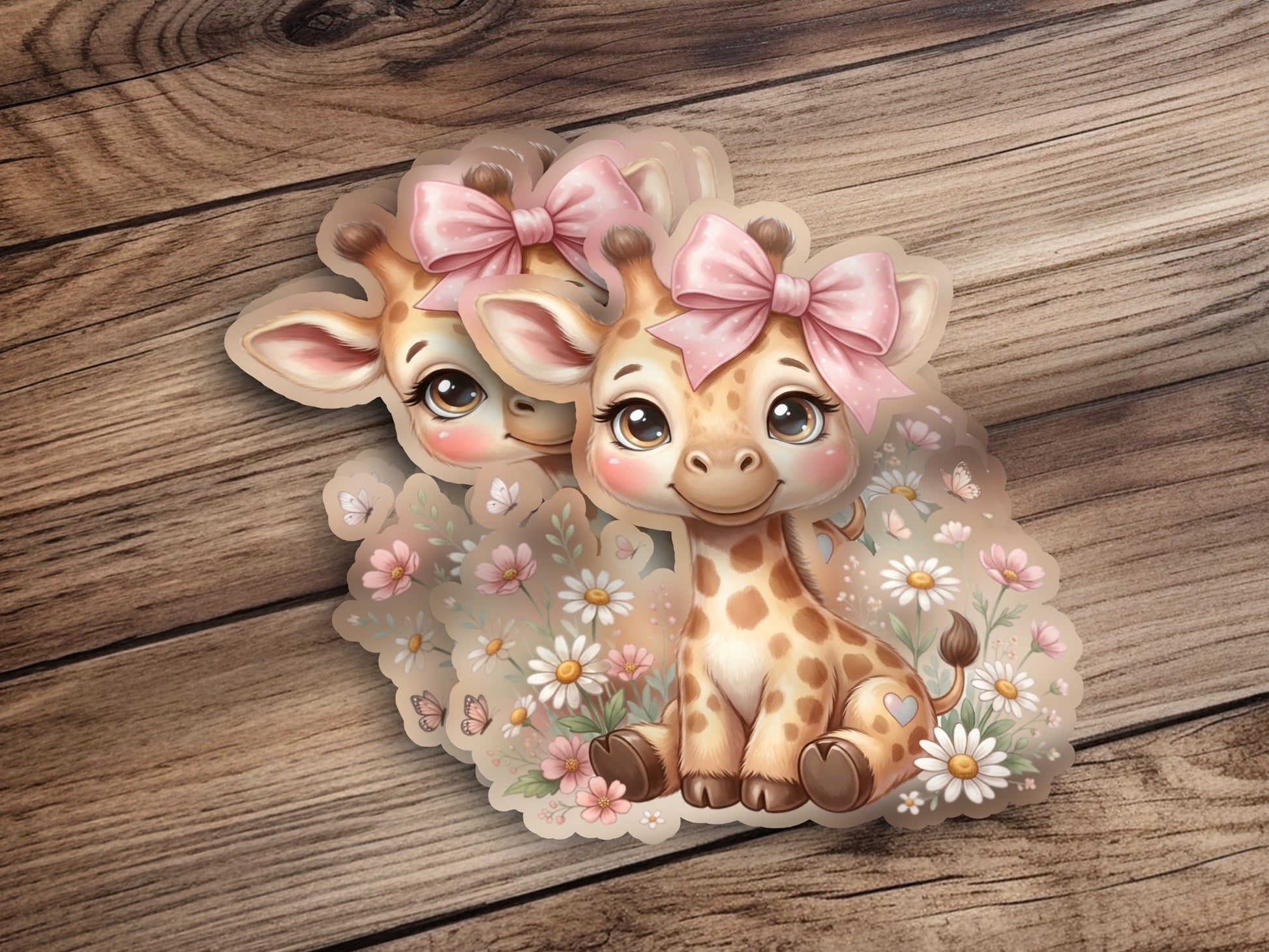Two cartoon giraffes with pink bows sit among flowers.