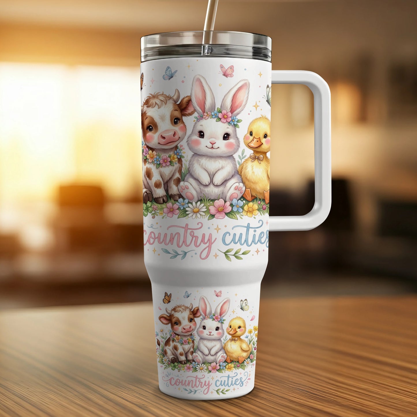 Country cuties tumbler with cow, rabbit, and duck illustrations.