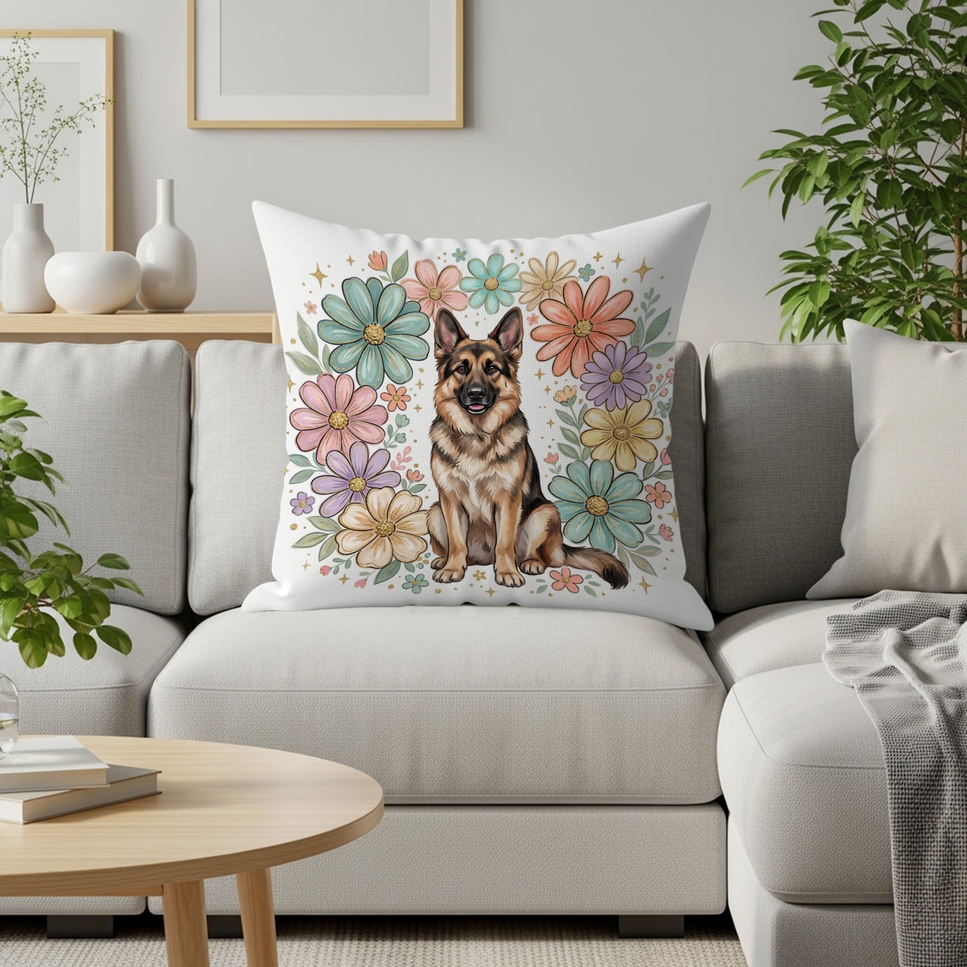 German Shepherd on cushion surrounded by colorful flowers.