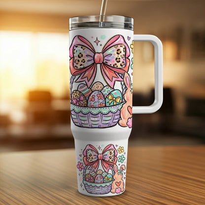 Easter tumbler with pastel eggs, bows, and bunnies in a basket.