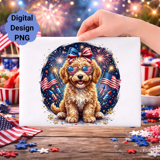 Golden doodle wearing heart-shaped sunglasses with USA flag and fireworks.