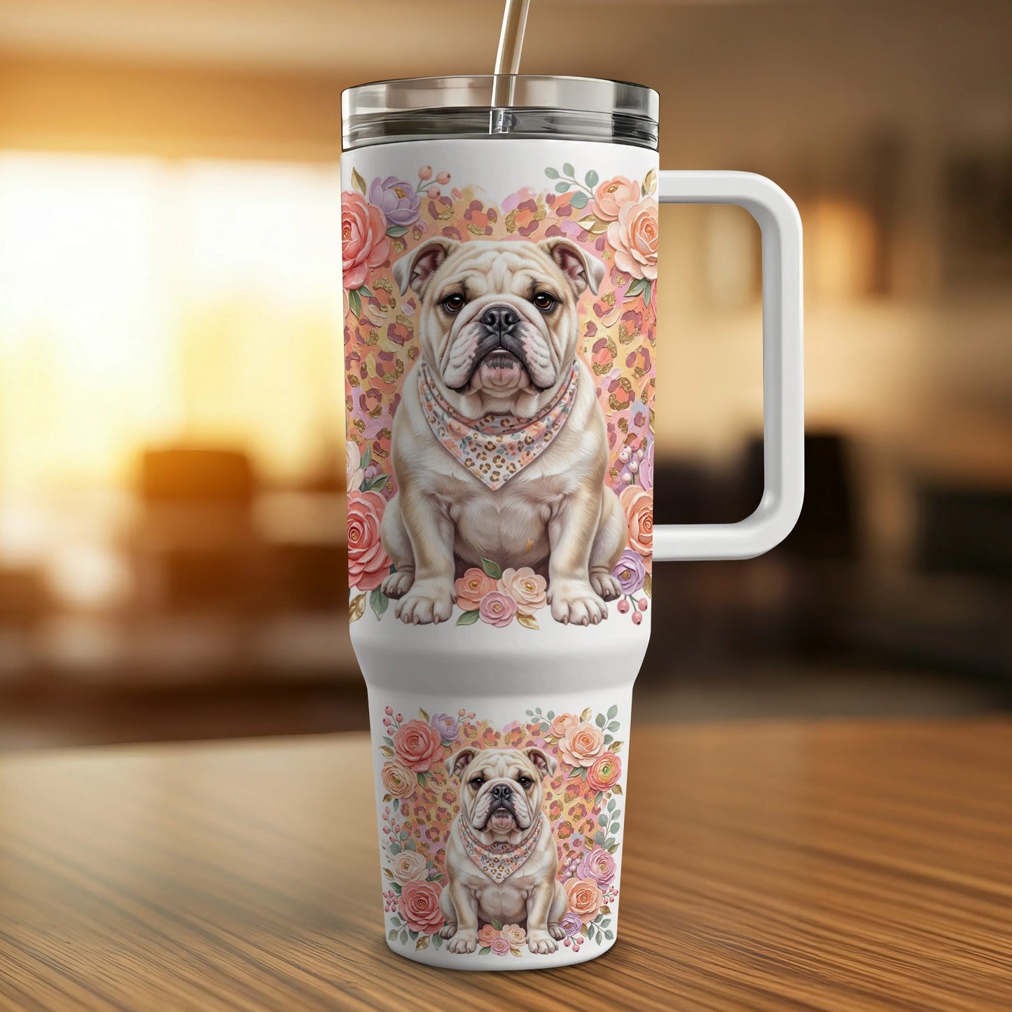 Bulldog on floral patterned tumbler with handle.