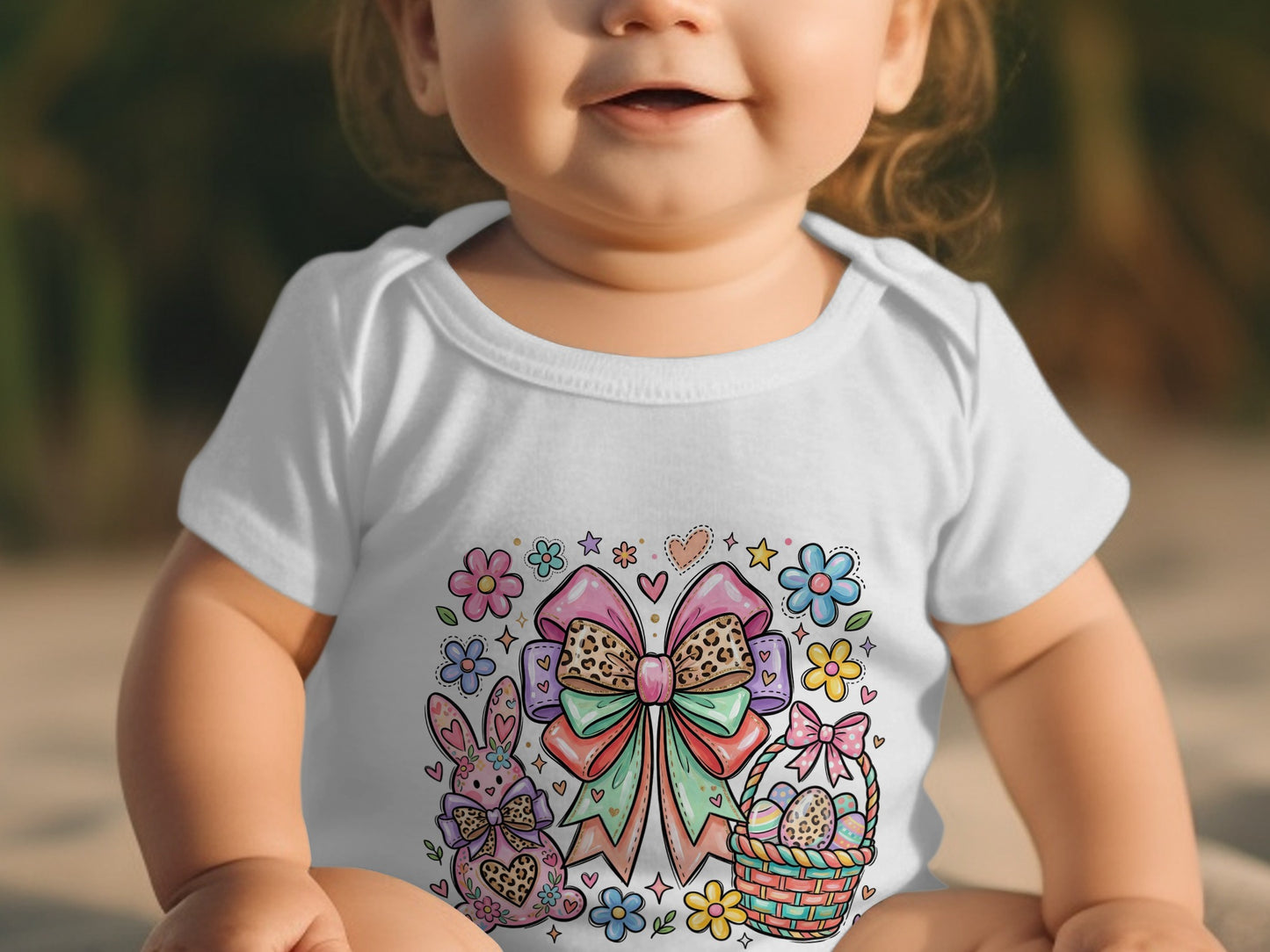 Baby wearing white bodysuit with Easter graphic: bunny, basket, bow, flowers.