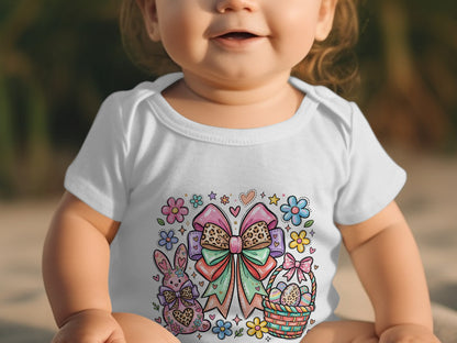 Baby wearing white bodysuit with Easter graphic: bunny, basket, bow, flowers.