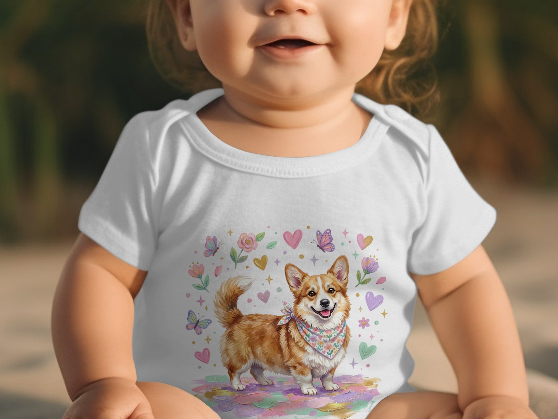 Baby in white bodysuit with corgi and floral print.