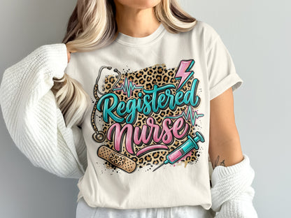 Registered Nurse text with stethoscope, syringe, band-aid, and leopard print background.