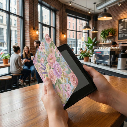 Tablet with floral case held by hands over wooden table in cafe.