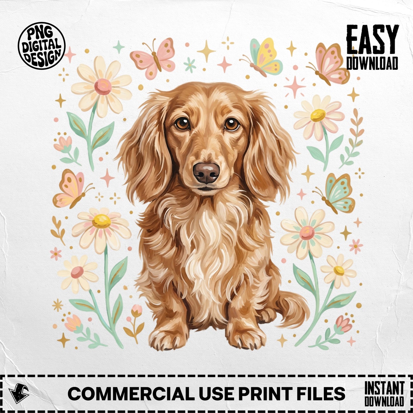 Dachshund surrounded by flowers and butterflies, with "Easy Download" text.