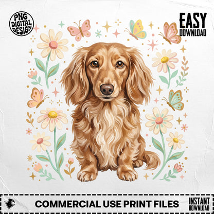 Dachshund surrounded by flowers and butterflies, with "Easy Download" text.