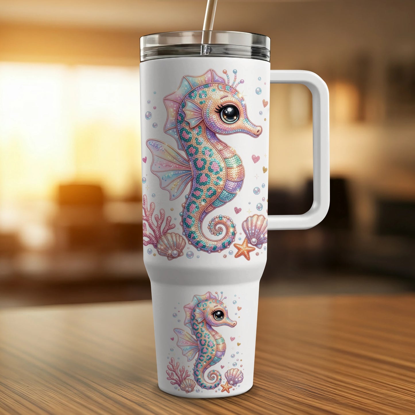 White tumbler with colorful seahorse and seashell designs.