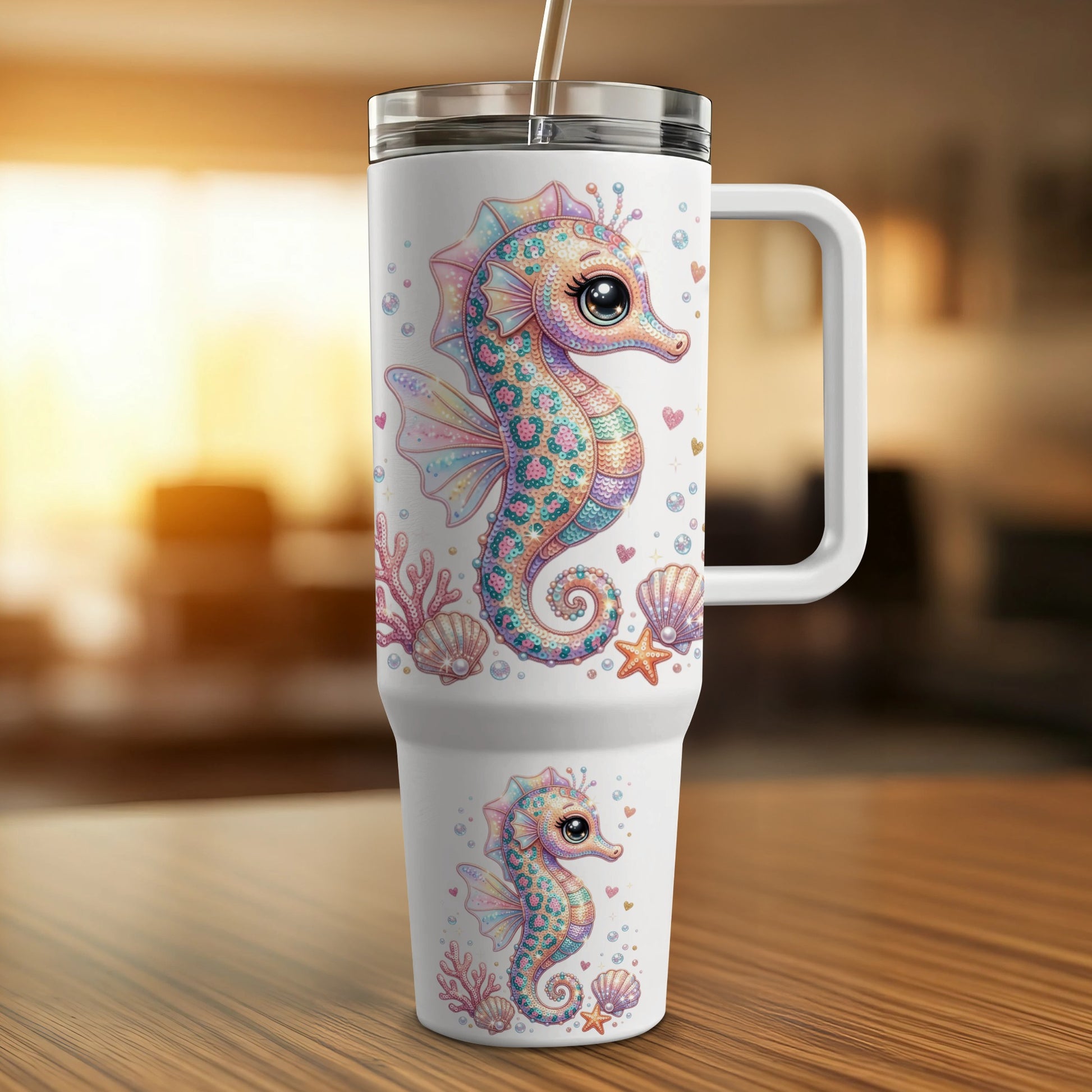 White tumbler with colorful seahorse and seashell designs.