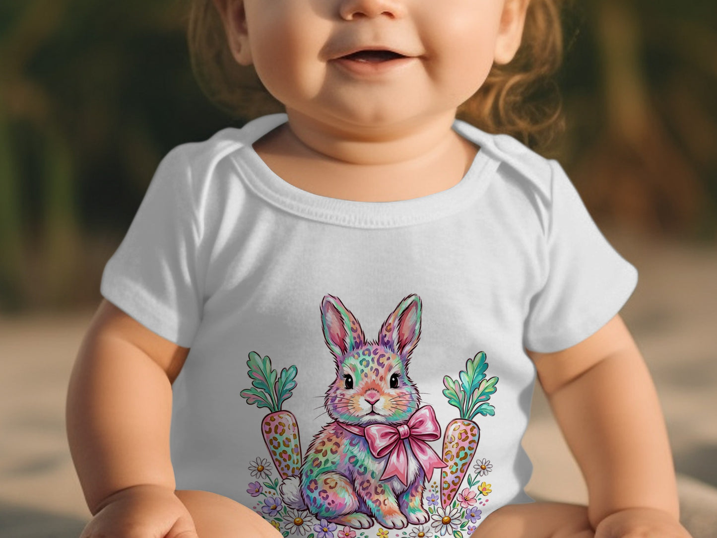 Baby in white onesie with colorful bunny and carrot graphic.