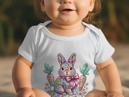 Baby in white onesie with colorful bunny and carrot graphic.