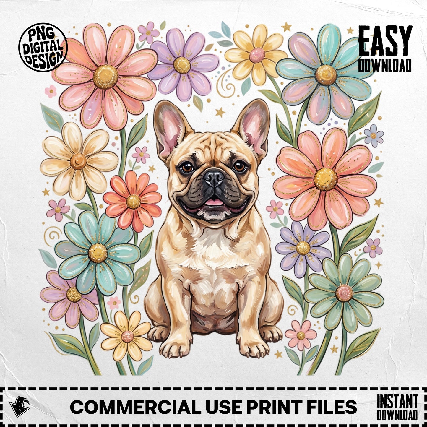 French bulldog surrounded by colorful watercolor flowers.