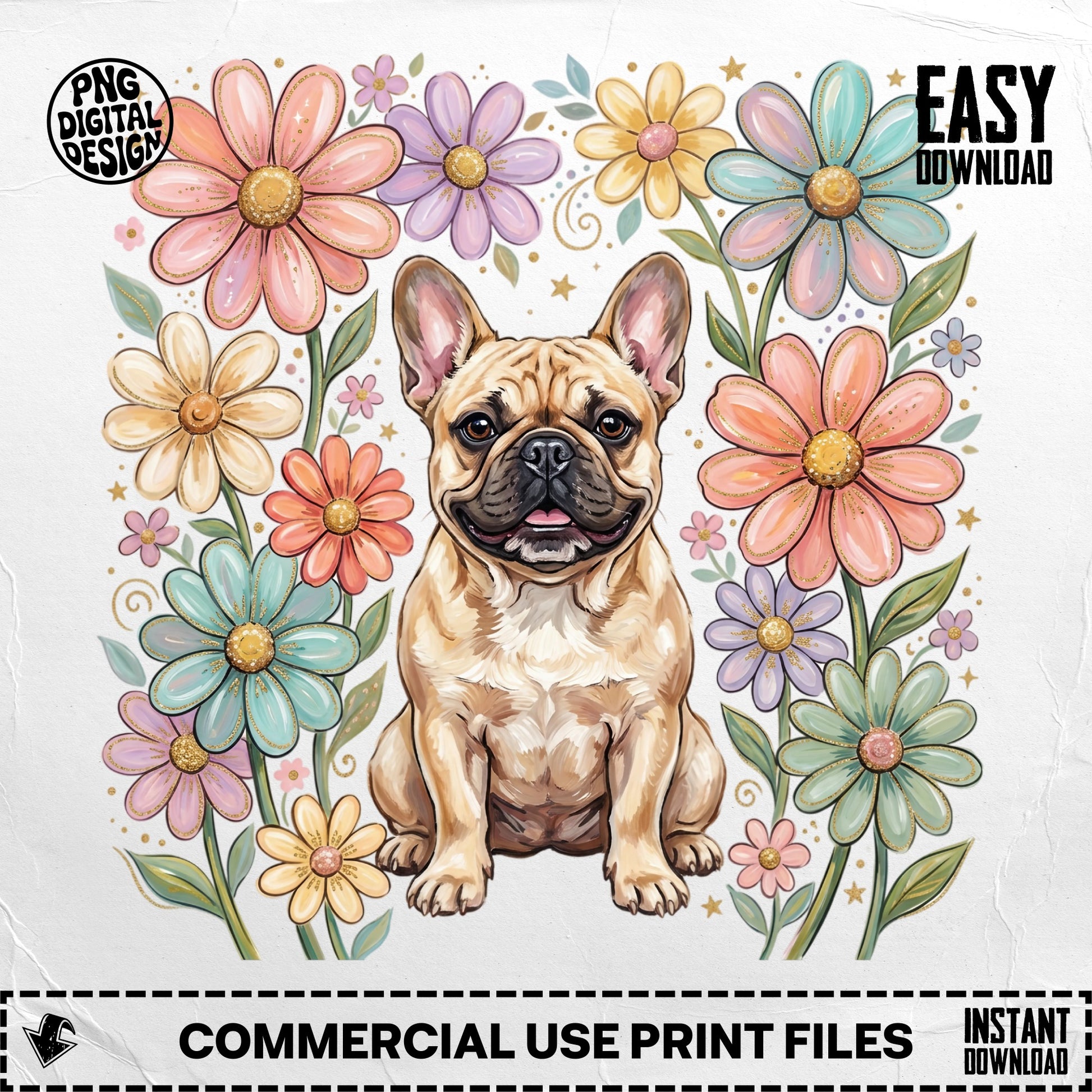 French bulldog surrounded by colorful watercolor flowers.