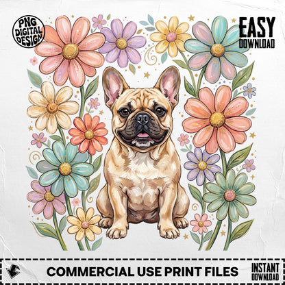 French bulldog surrounded by colorful watercolor flowers.