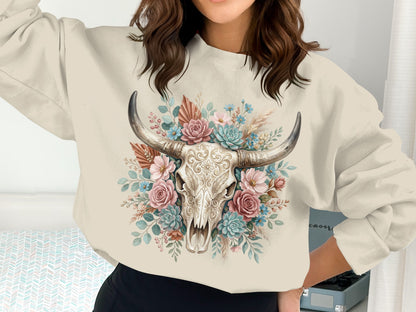 Crewneck sweatshirt with a bull skull and floral, succulent design.