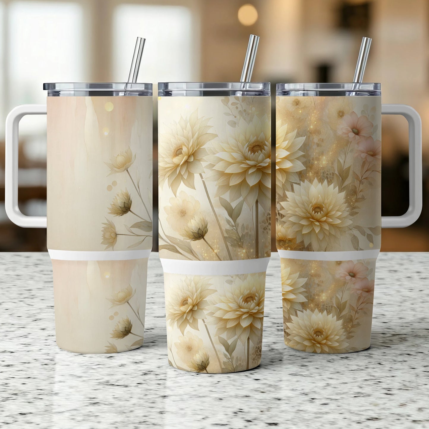 Three floral tumblers with neutral background and straws.