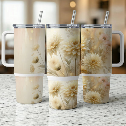 Three floral tumblers with neutral background and straws.