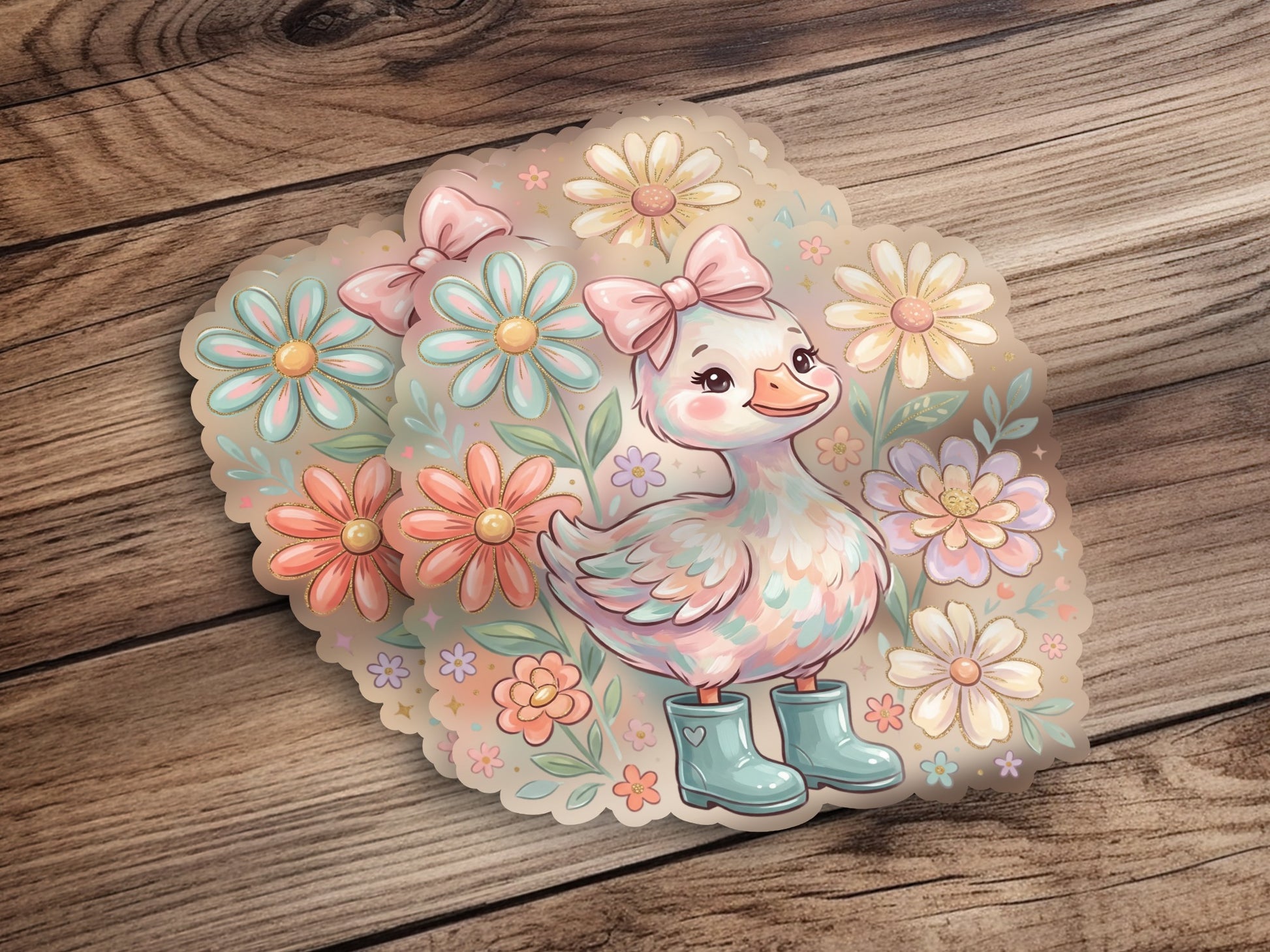 Cute duckling with pink bow and blue boots among pastel flowers.