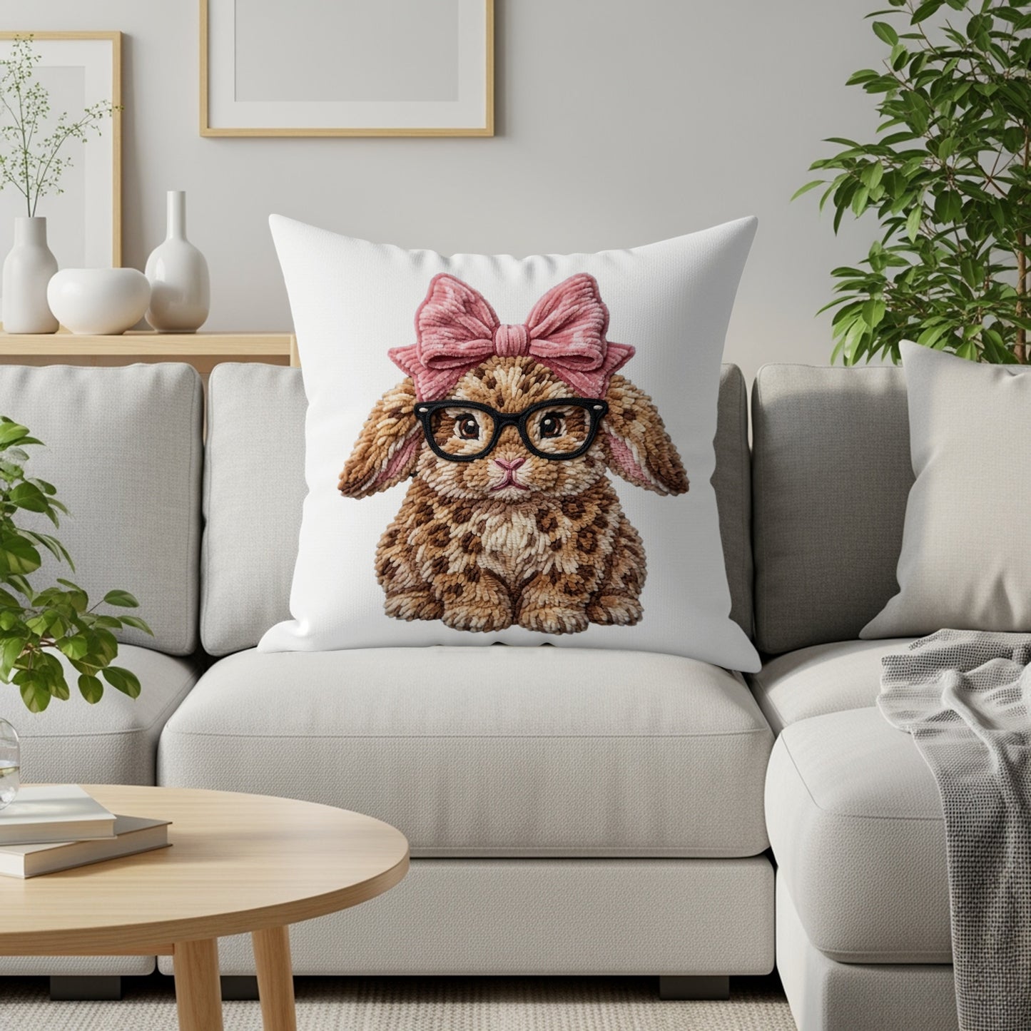 Plush bunny pillow with pink bow and glasses on sofa.