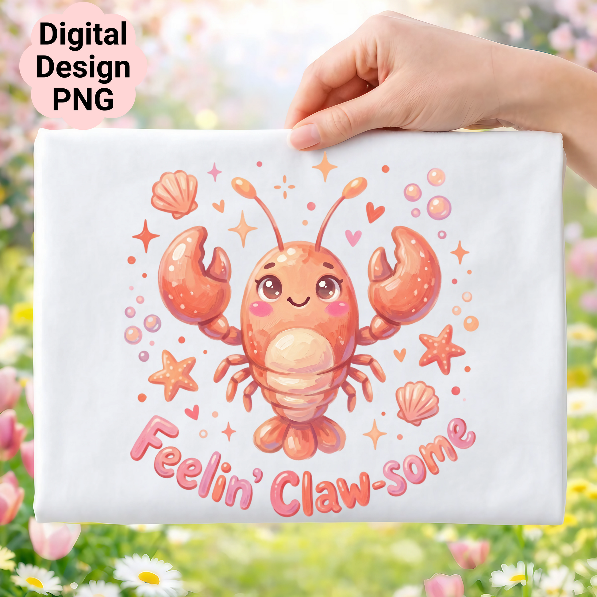 Cute cartoon lobster and seashells with text "Feelin' Claw-some".